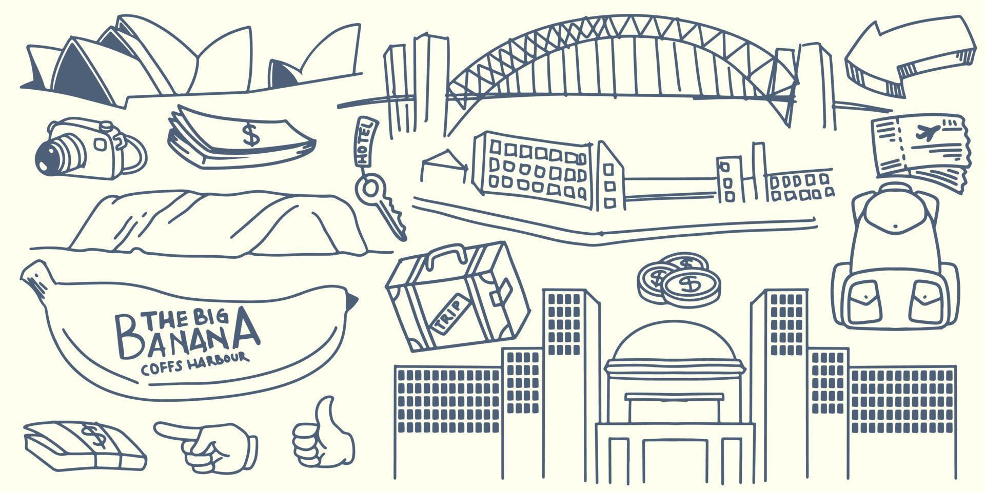 mão desenhando elementos de viagem doodle para equipamentos turísticos da austrália vetor