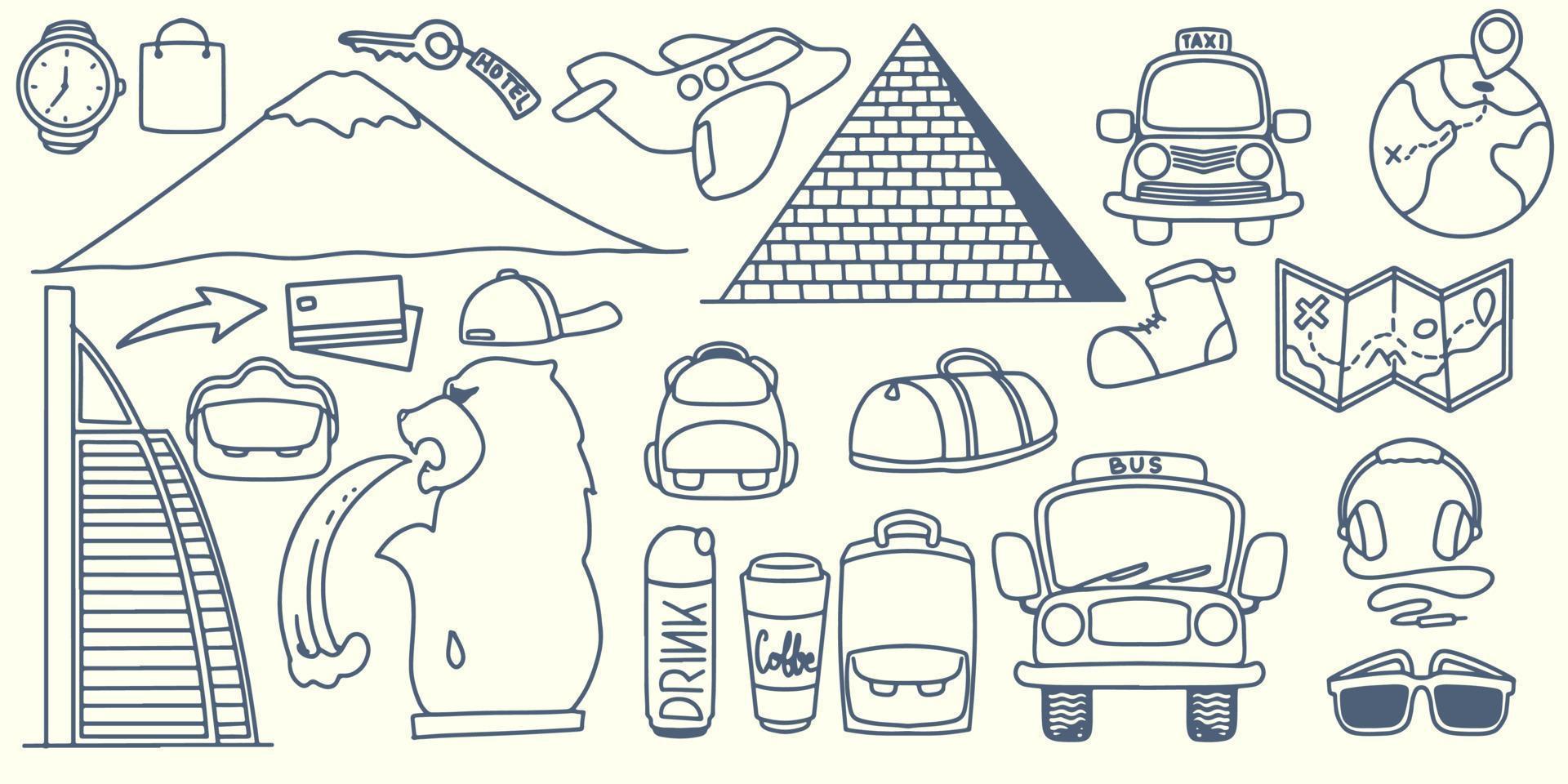 mão desenhando elementos de viagem doodle para a américa com equipamento turístico vetor