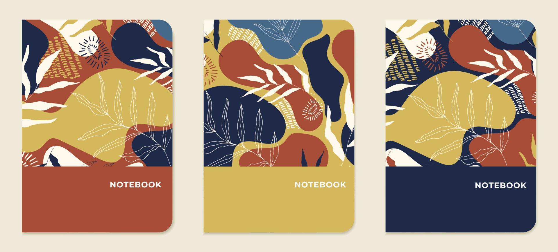 modelos de capas. layouts abstratos com folhas em tons de ouro, azul e vermelho para blocos de notas, planejadores, folhetos, livros, catálogos. vetor. vetor