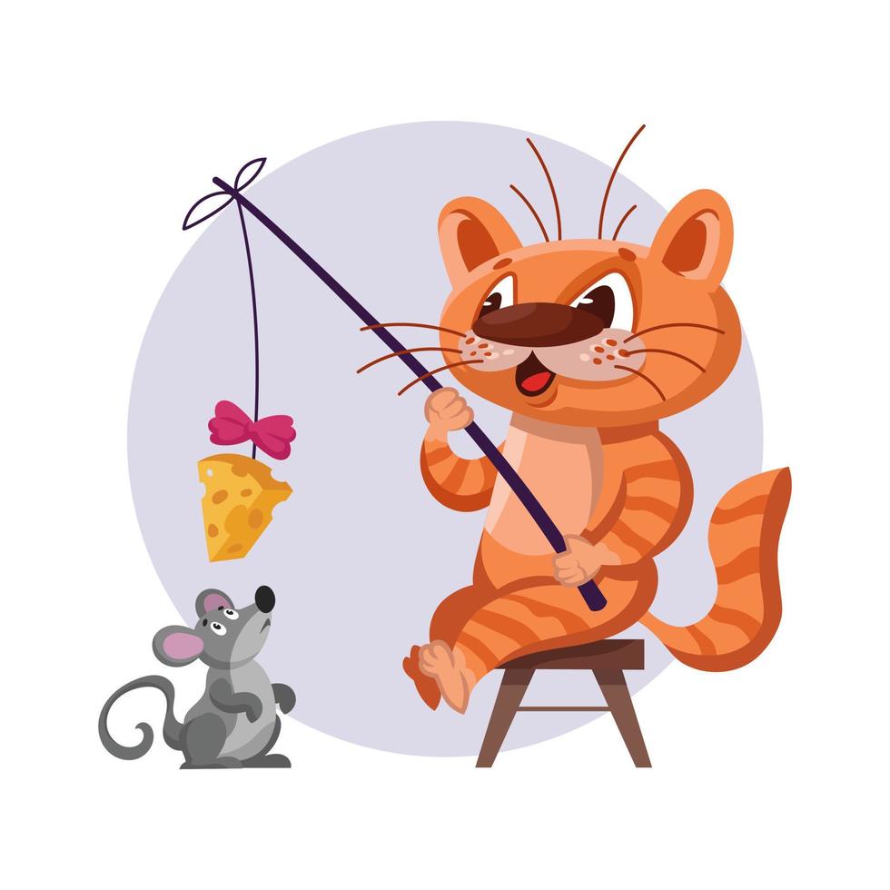 gato pegando rato na vara de pescar com queijo. vetor
