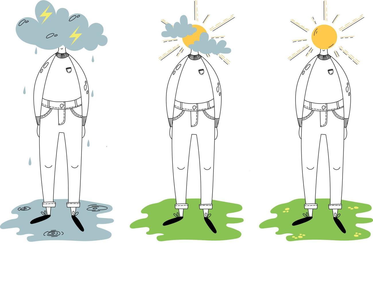 apoio psicológico, conceito de saúde mental negativo e positivo. várias condições de saúde mental. emoções tristes e felizes. vetor desenhado à mão.