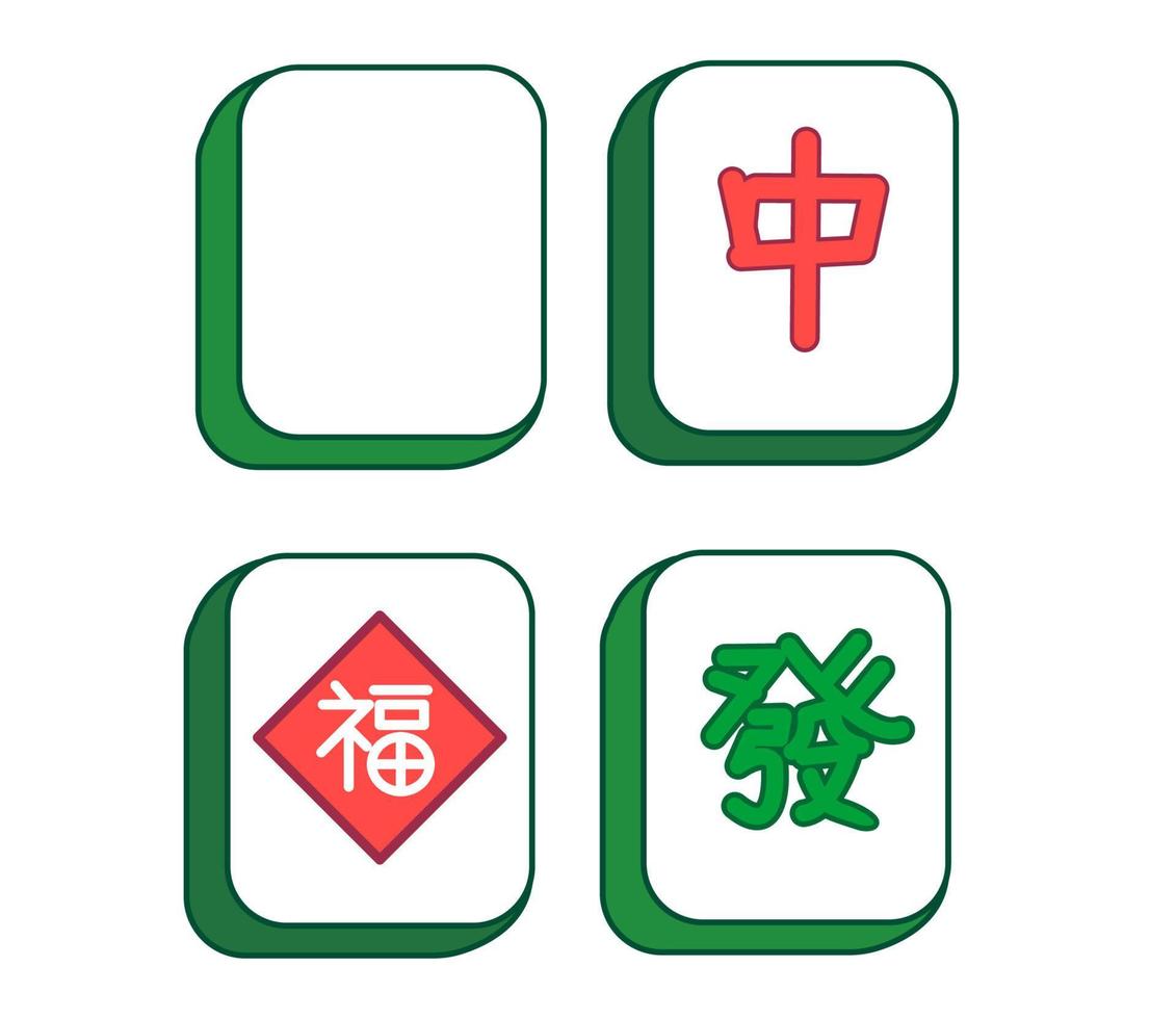 conjunto de ícones mahjong, estilo de ano novo, caracteres chineses de símbolo de texto fa e zhong e bênção vetor