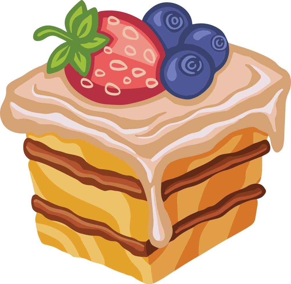 bolo de mel com frutas, sobremesa de bolo, ilustração desenhada à mão vetor