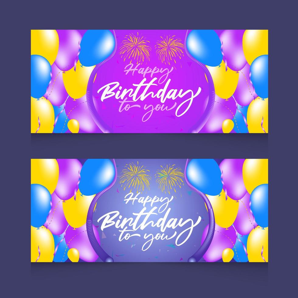 celebração de feliz aniversário com balões realistas e design de banner horizontal de fita vetor