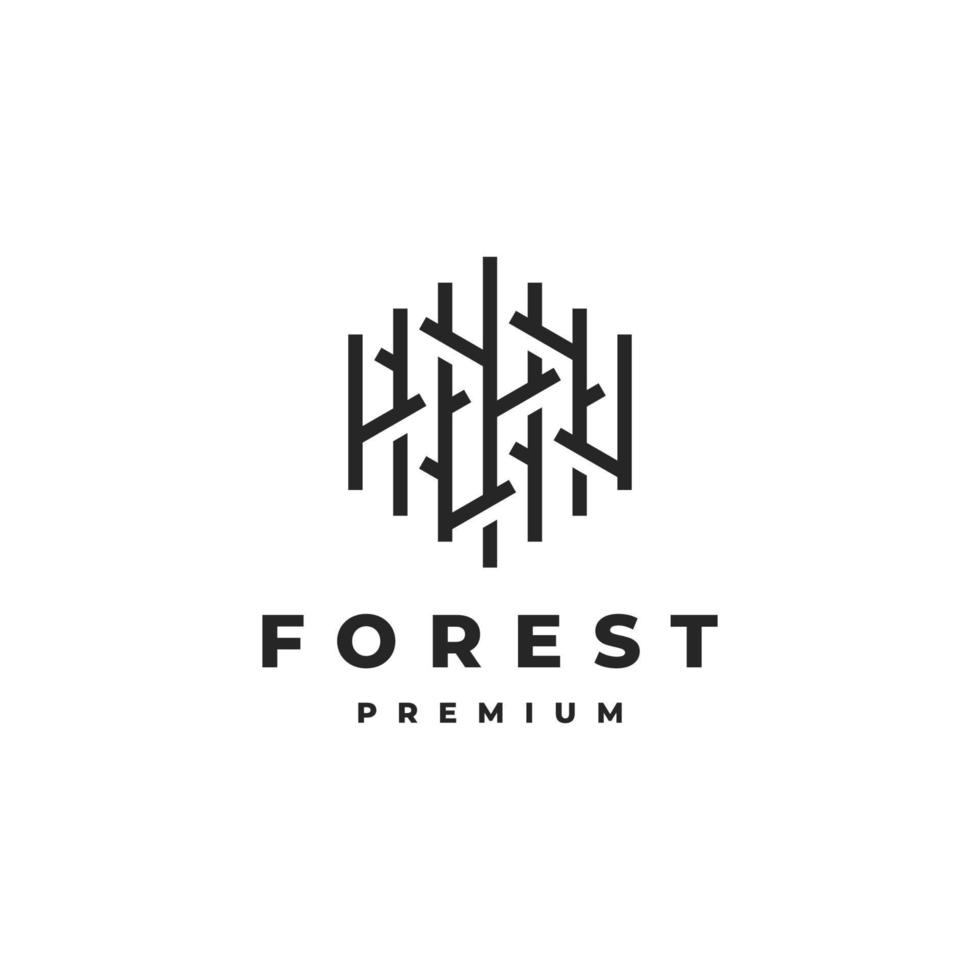 árvores em um hexa com design de ilustração vetorial de logotipo de estilo linear, floresta natural em um elemento de símbolo de ícone de logotipo hexa, design de logotipo de contorno de arte de linha monoline linear de árvores vetor