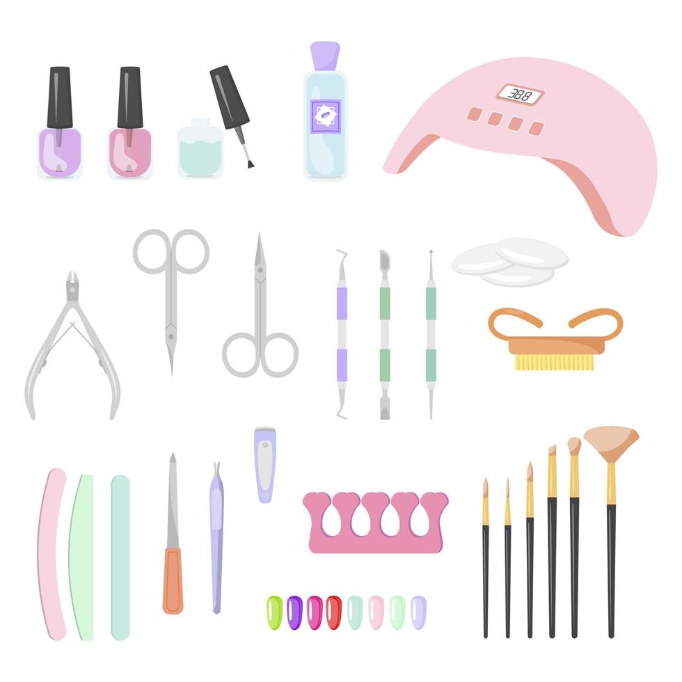 conjunto de ferramentas para manicure. verniz, tesoura, lixa de unha, raspador, alicates. ilustração vetorial. vetor