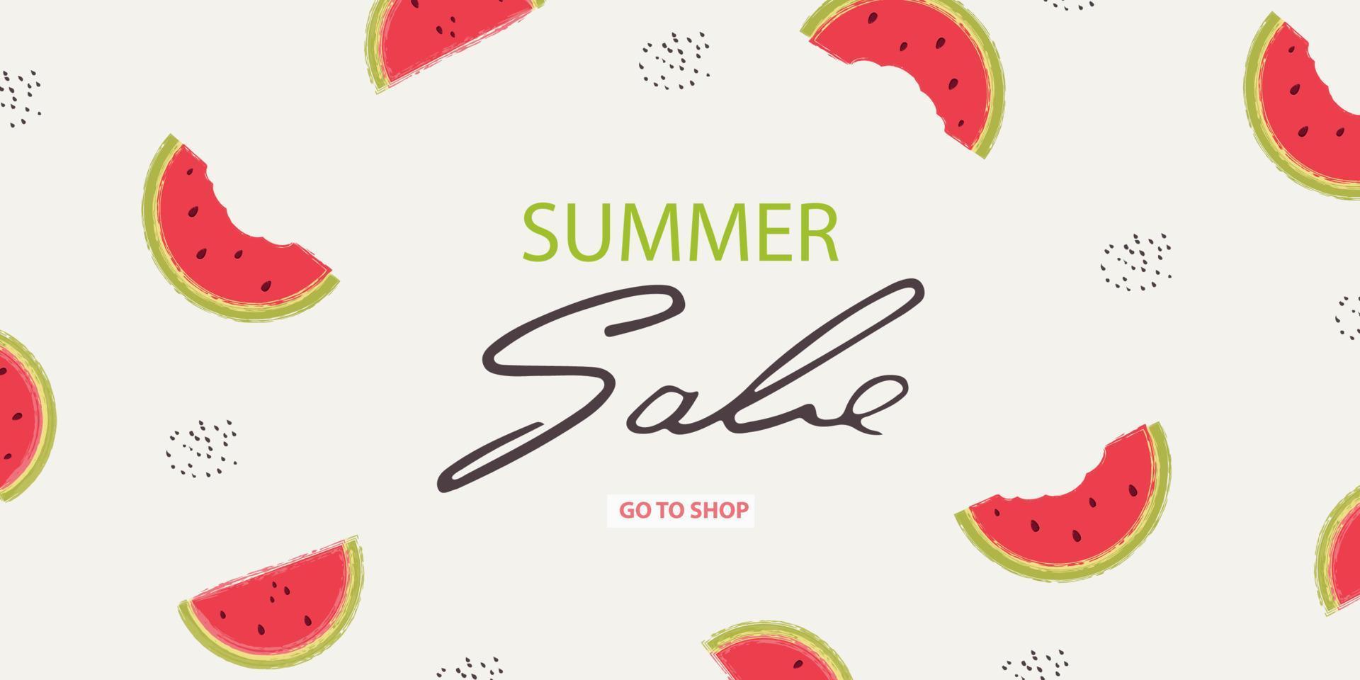 banner de venda de verão com uma fatia de melancia sobre um fundo claro. ilustração em vetor de imitação de pincel