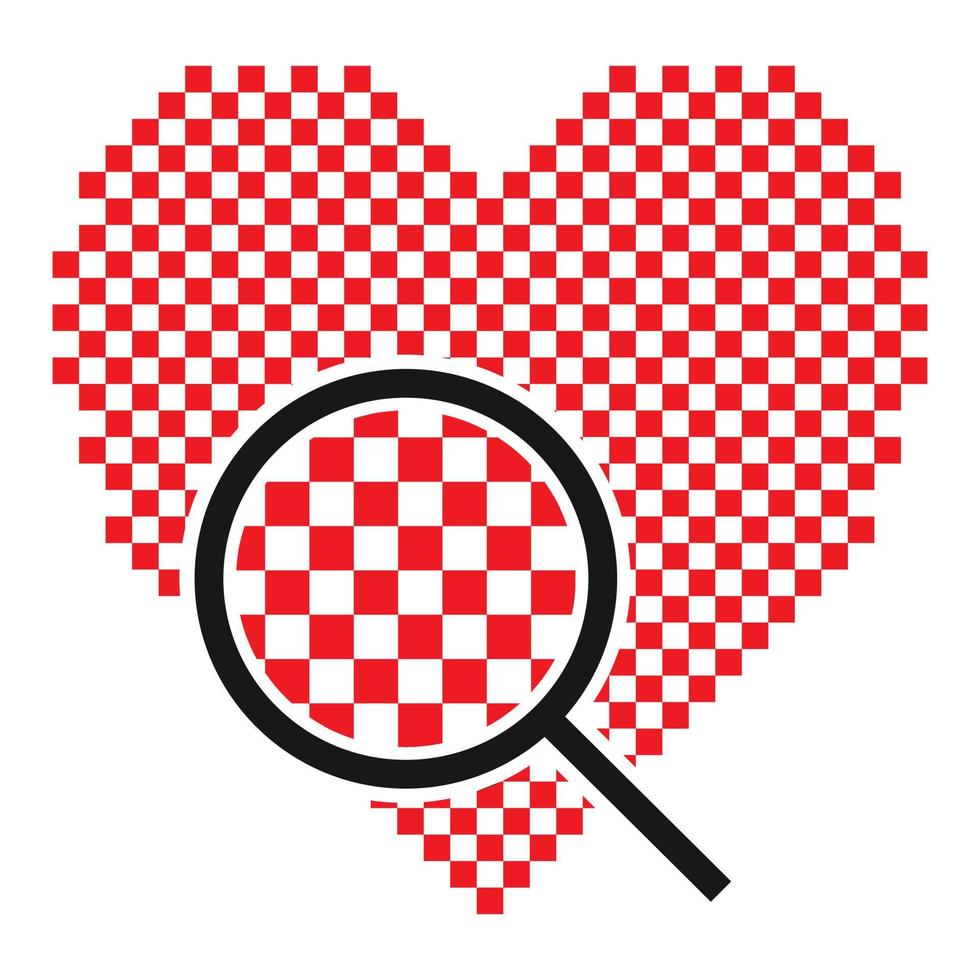coração de pixel com ícone de vetor plano de lupa para aplicativos e site