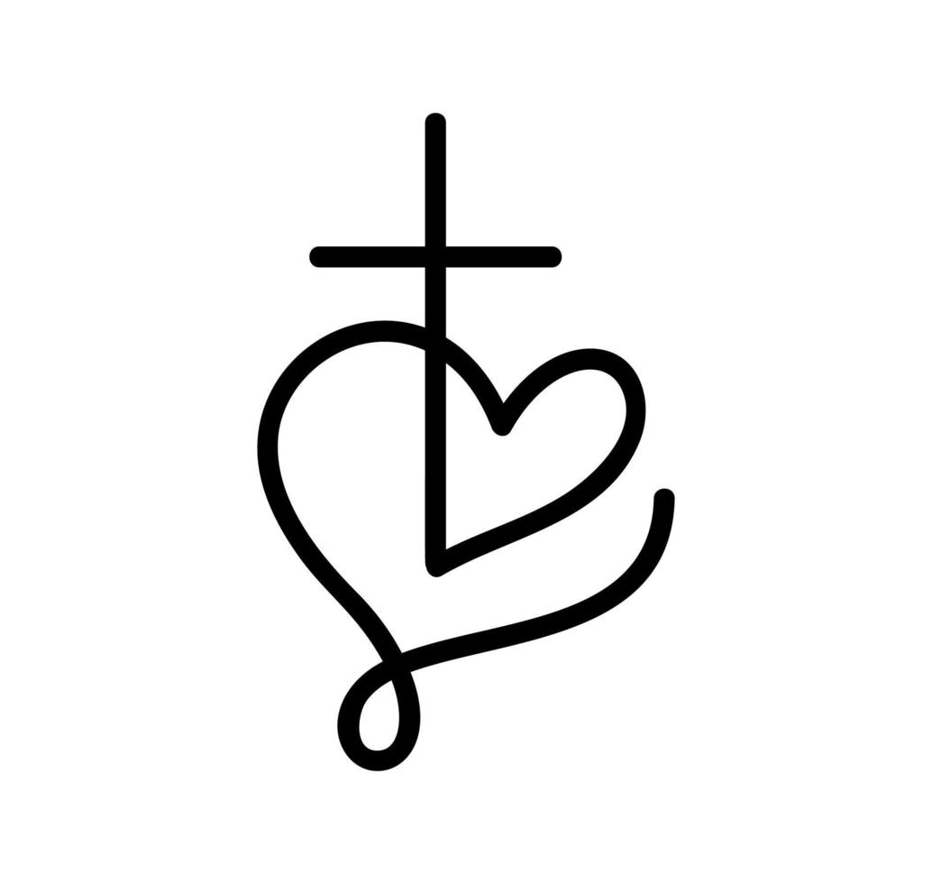coração de logotipo cristão de vetor preto monoline com cruz. isolado no fundo. mão desenhada minimalista religião ícone símbolo amor