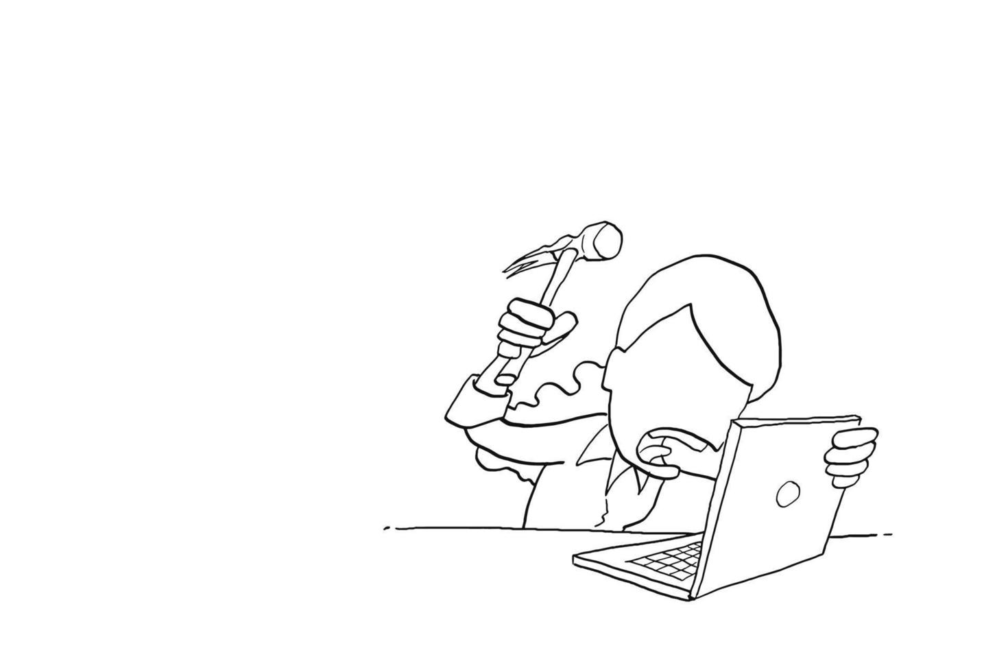 trabalhadora de estresse fica com raiva e quer martelar o laptop. desenho de ilustração vetorial de desenho animado vetor