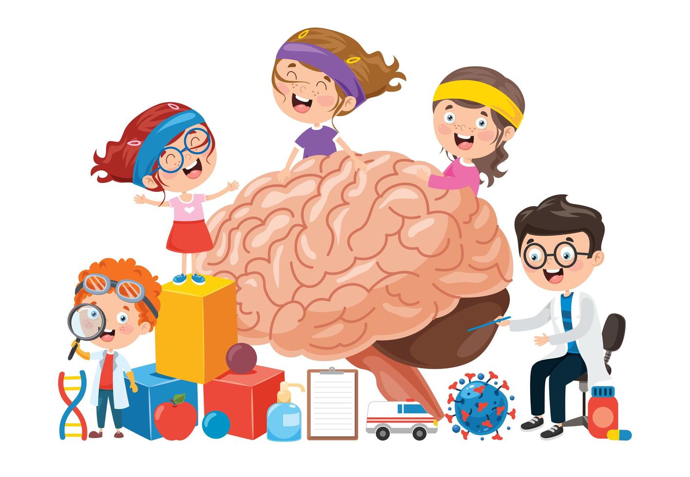 conceito de desenho animado do cérebro humano e crianças vetor