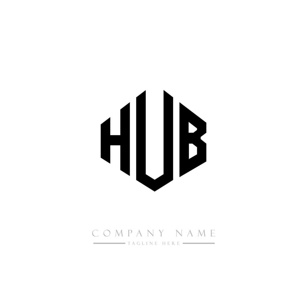 design de logotipo de letra hub com forma de polígono. hub polígono e design de logotipo em forma de cubo. modelo de logotipo de vetor hexágono hub cores brancas e pretas. hub monograma, logotipo de negócios e imóveis.