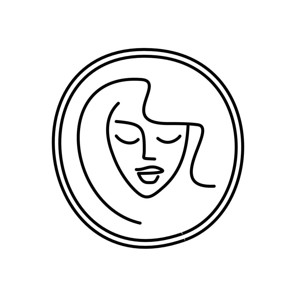 rosto logotipo mulher de linha fina. ícone de salão de beleza. cosmetologia e cuidados com a pele facial, juventude. lábios de tatuagem, sobrancelhas. extensão de cílios. ilustração vetorial, emblema em um círculo vetor