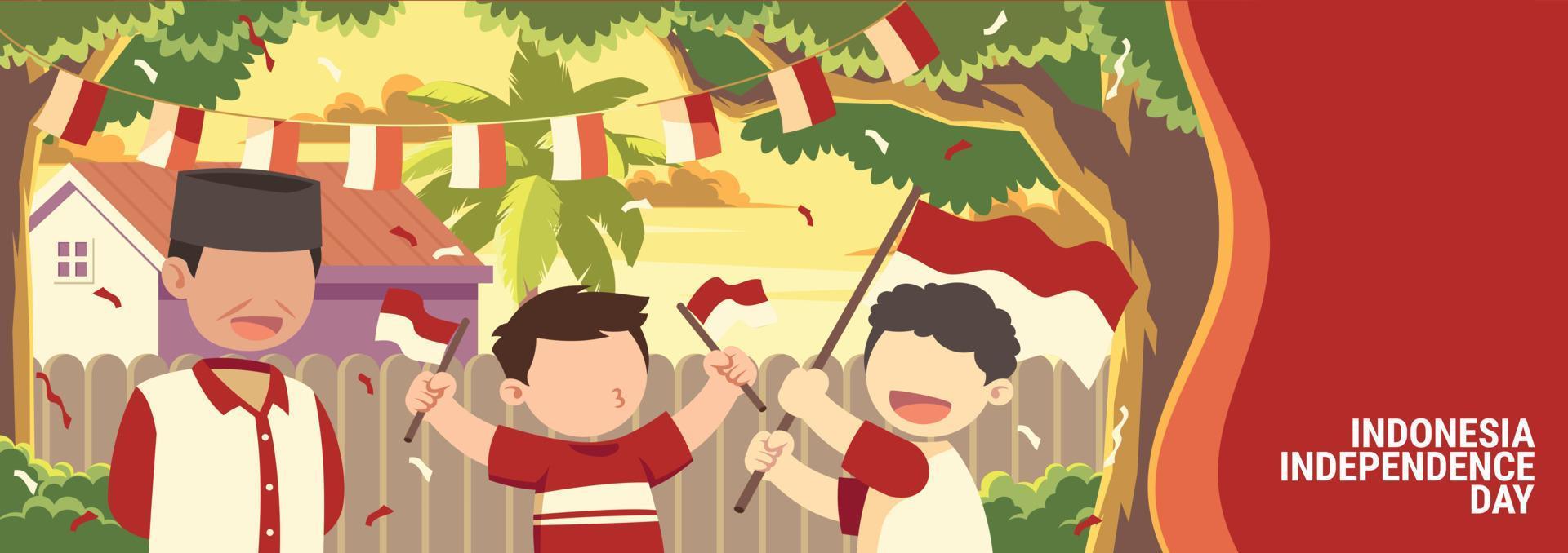 velho e duas crianças estão comemorando a ilustração do dia da independência da indonésia vetor