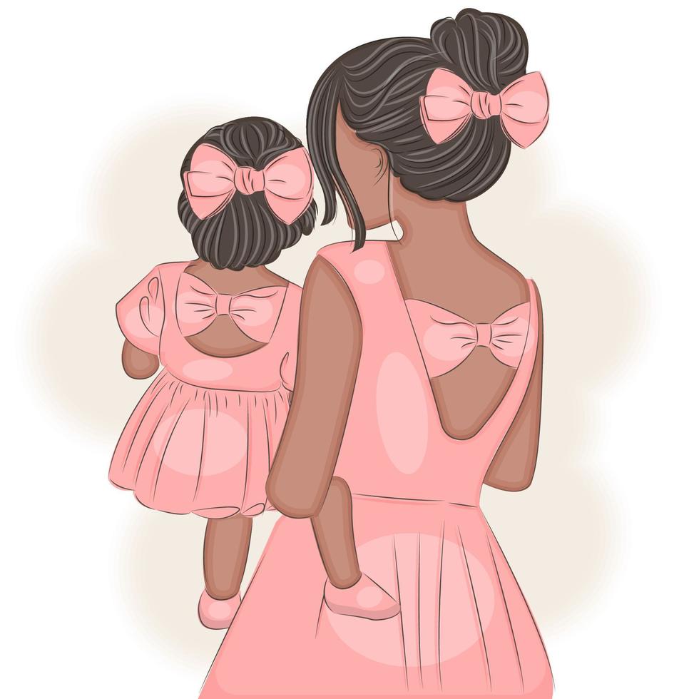 mãe e filha nos braços, em um lindo vestido com cabelo, impressão de ilustração vetorial vetor