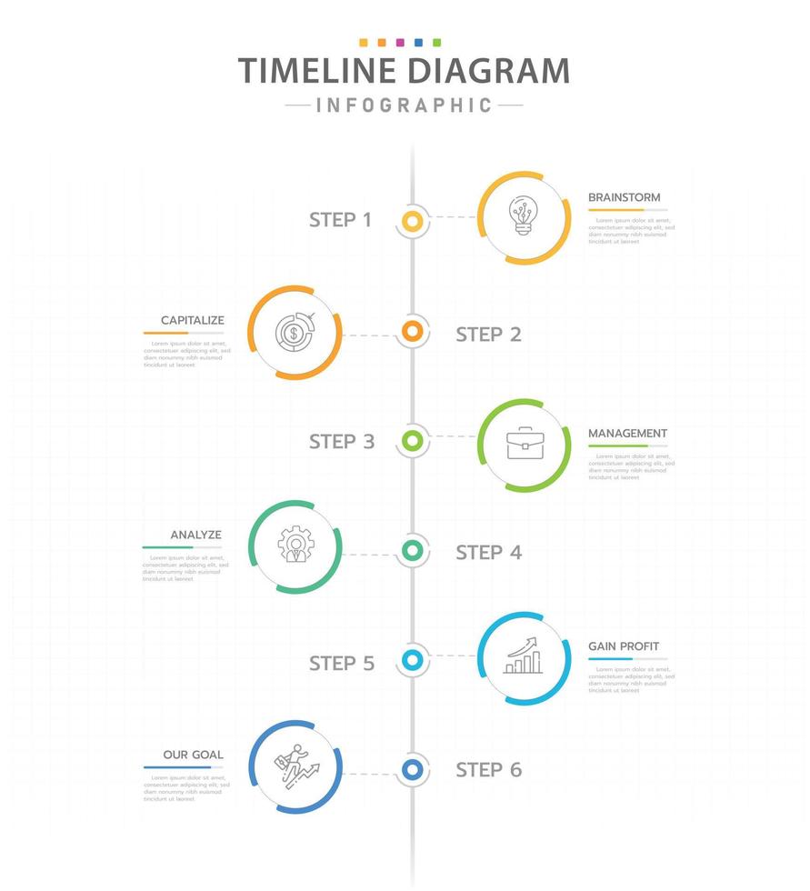 modelo de infográfico para negócios. Calendário de diagrama de linha do tempo moderno de 6 etapas com tópicos e círculos verticais, infográfico de vetor de apresentação.