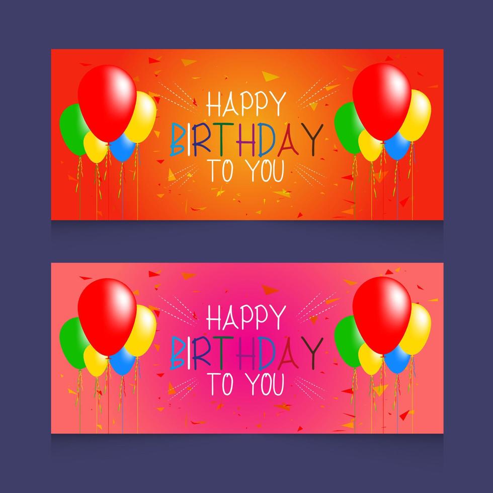 celebração de feliz aniversário com balões realistas e design de banner horizontal de fita vetor