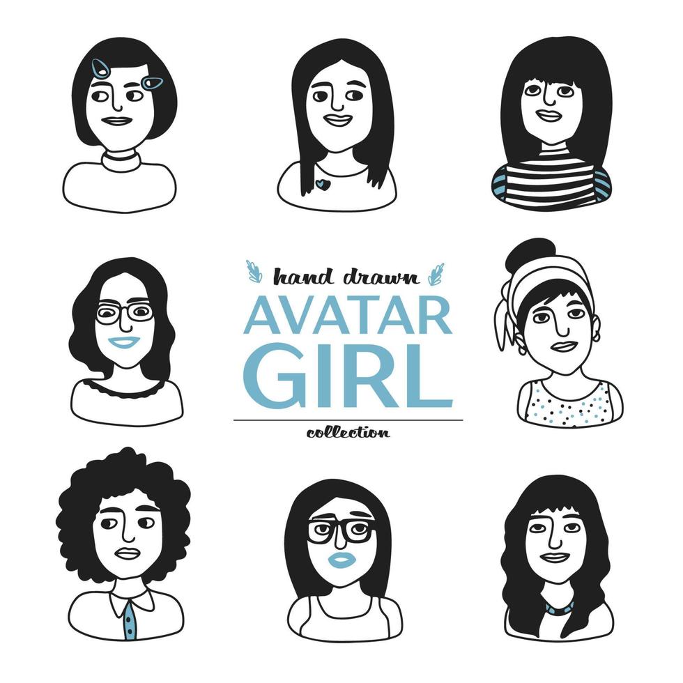 coleção de avatares de meninas, gráficos em preto e branco desenhados à mão, retratos de meninas, rabiscos vetor