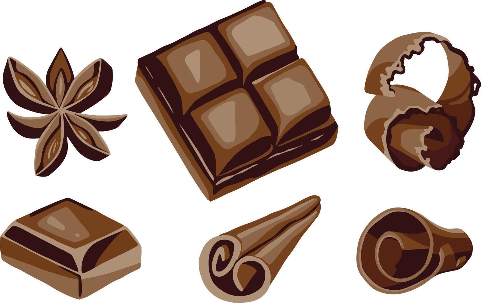 conjunto de barras de chocolate quebradas e aparas em fundo branco, ilustração realista. vetor