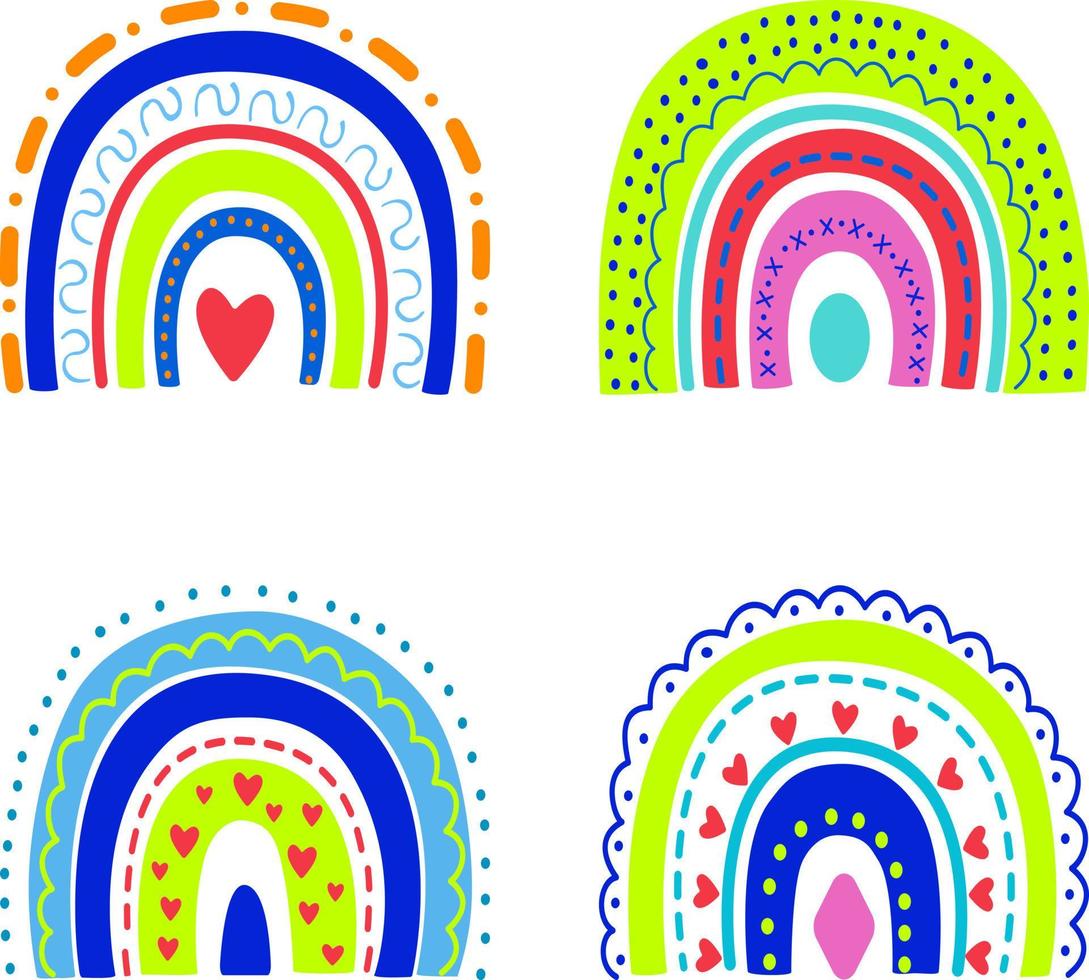 um conjunto de vetores com arco-íris de cores brilhantes com um belo ornamento destacado em um fundo branco é ideal para cartazes infantis.