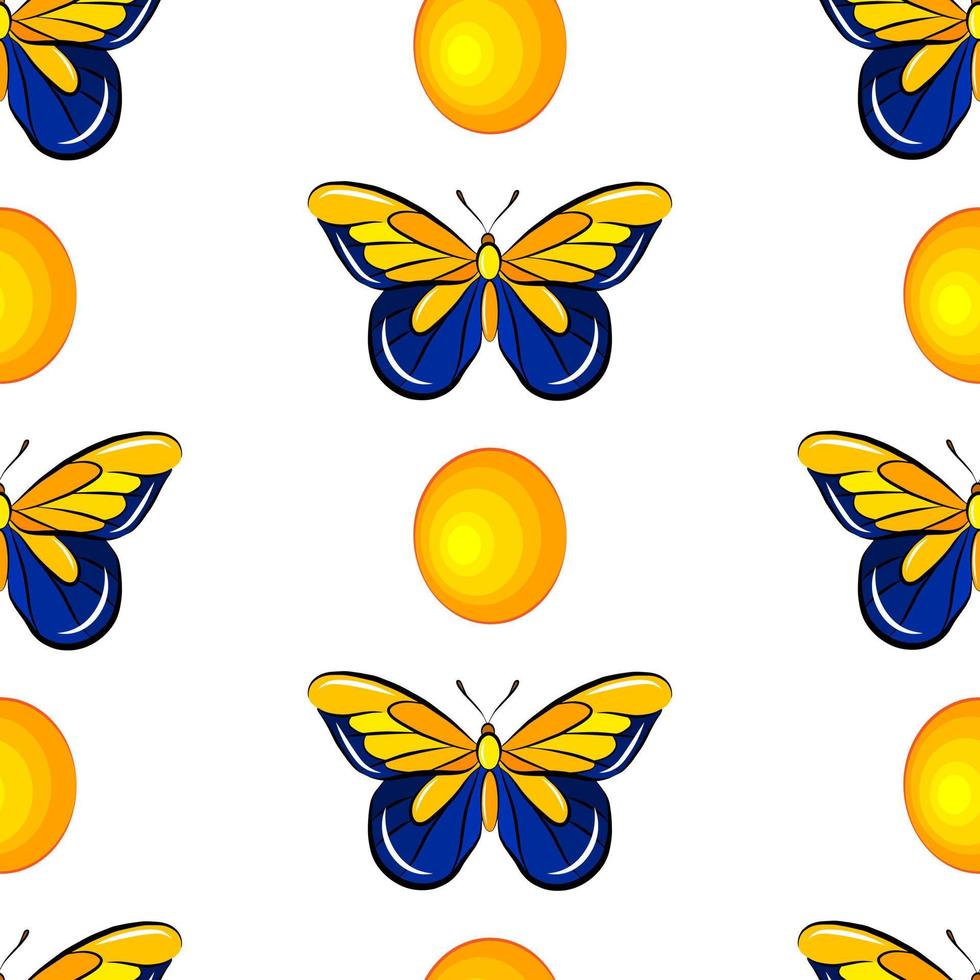 padrão sem emenda colorido borboleta dos desenhos animados isolado no fundo branco. modelo de impressão de tecido de vetor de berçário. lindo papel de parede de insetos. jóia amarela e asas de borboleta azul.