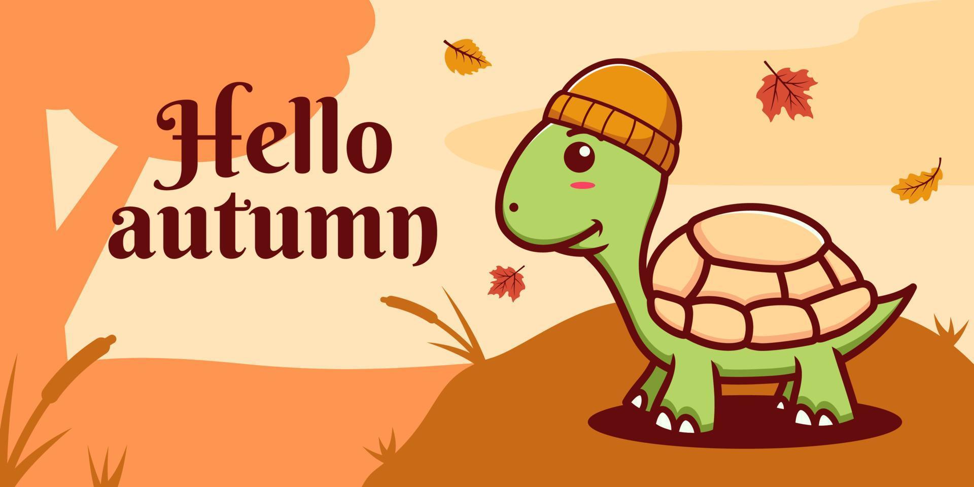 modelo de banner de mídia social de outono desenhado à mão com ilustração de tartaruga vetor