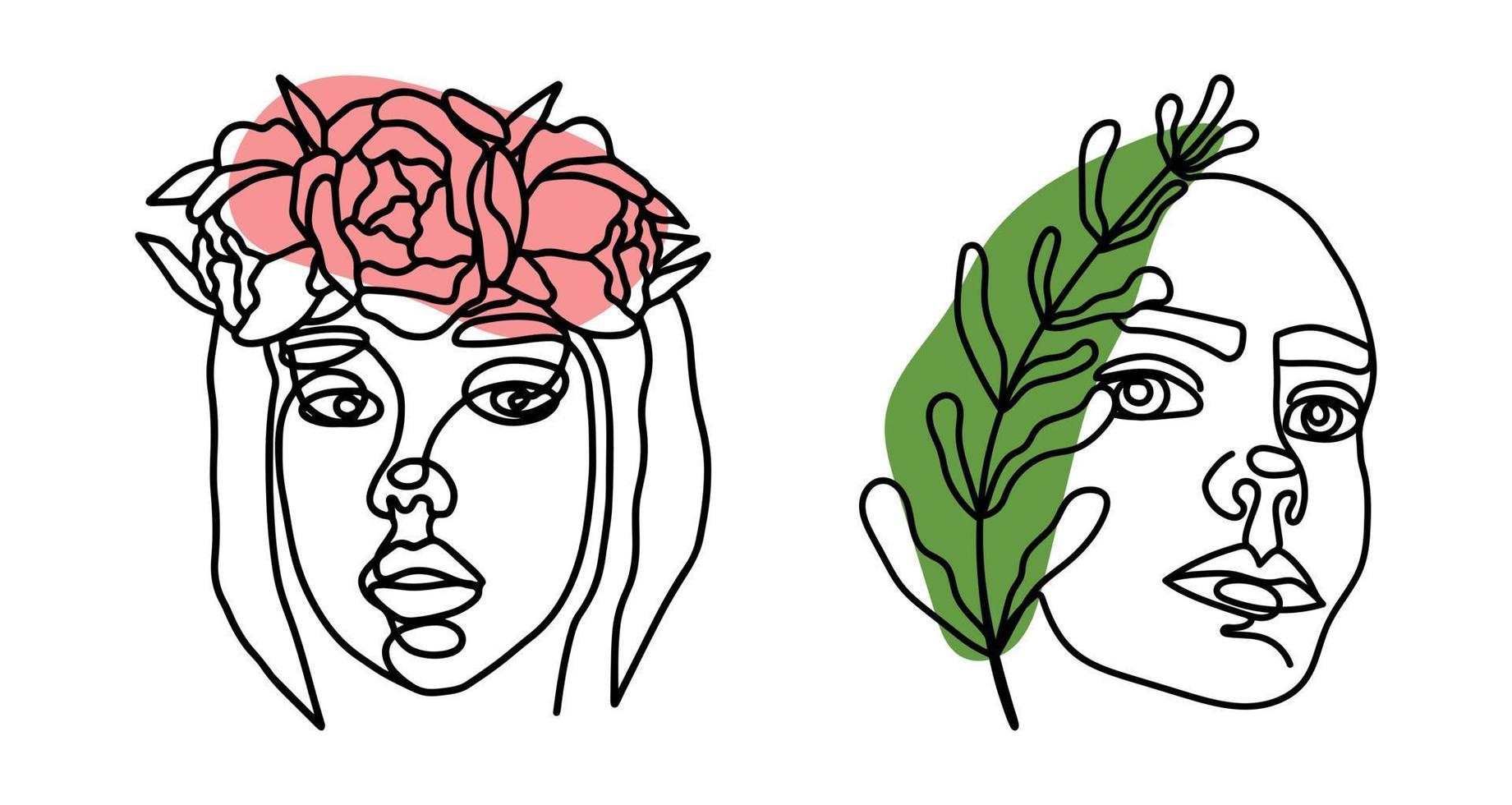 conjunto de rostos femininos de arte de linha contínua com folhas e flores. retratos femininos minimalistas de linhas em um estilo de moda moderno. para impressão em camisetas. vetor