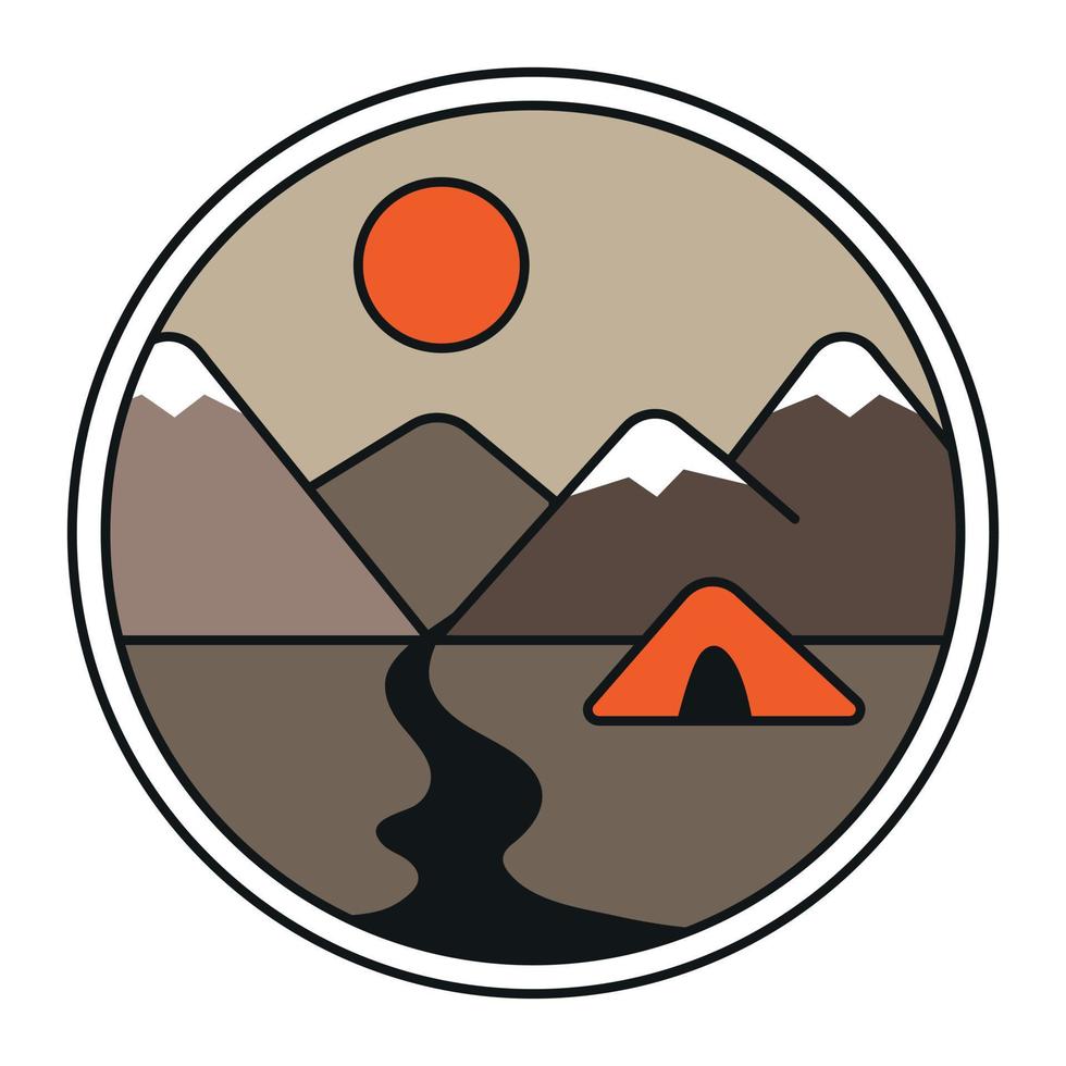 emblema ao ar livre com montanhas, rio e tenda. patch de estilo hipster incomum. estilo de linha vector lazer ativo, viagens, turismo. para estampas de camisetas, pôsteres e outros usos.