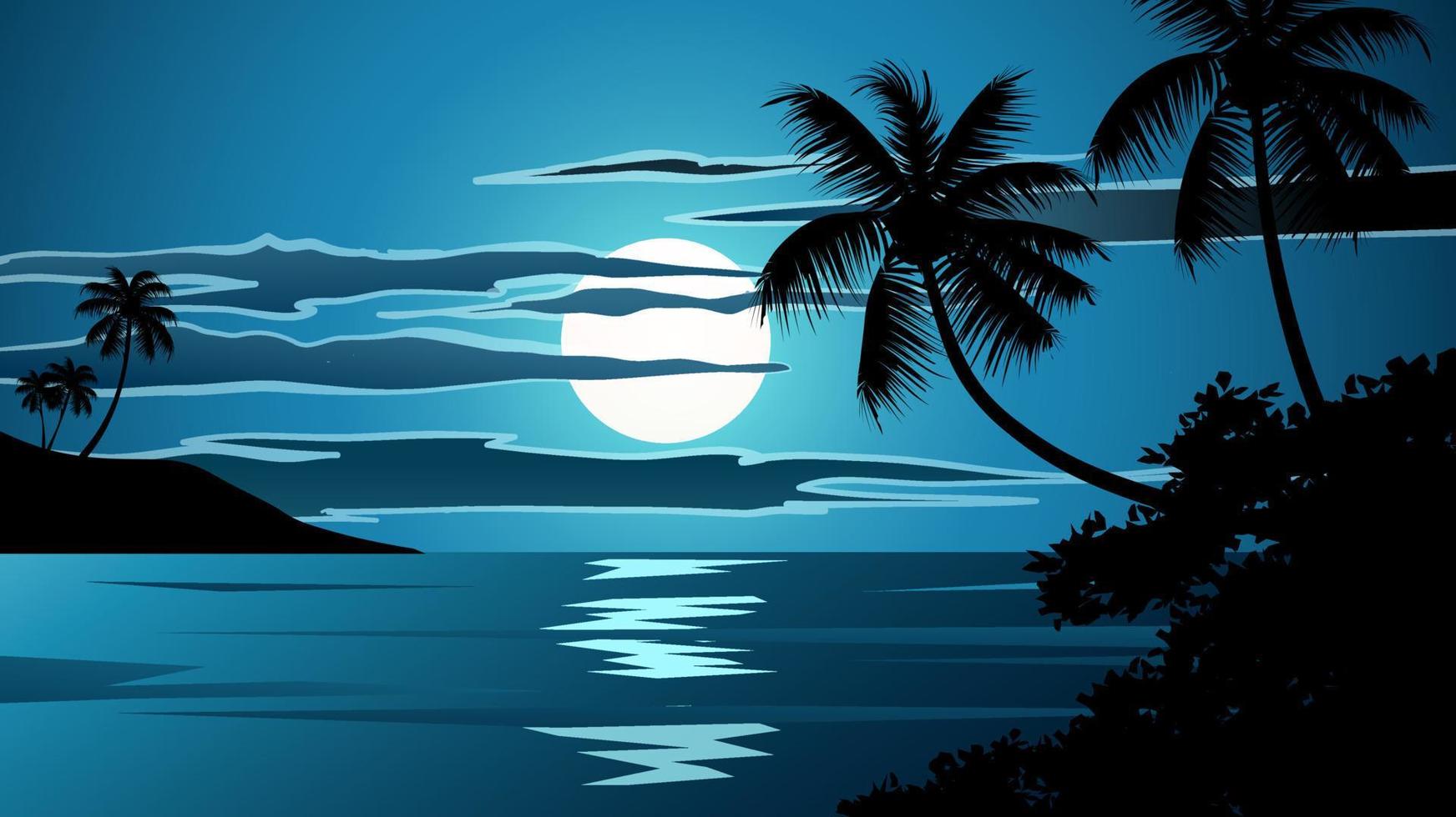 silhueta de coqueiros no fundo da natureza à noite com lua e nuvens vetor