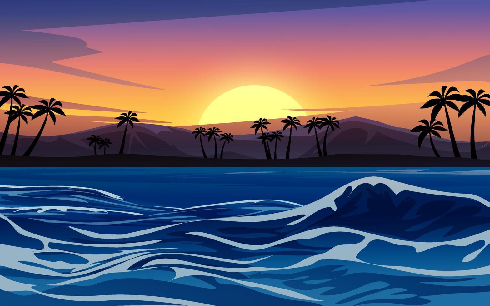 ilustração do pôr do sol do oceano com ondas e ilha vetor