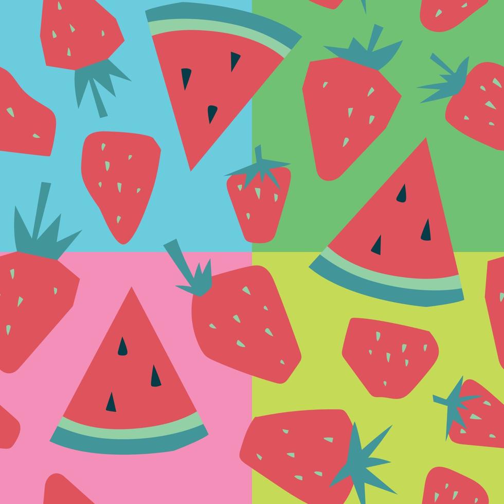 frutas e bagas de verão. melancia, morango. padrão sem emenda. imagem vetorial. vetor