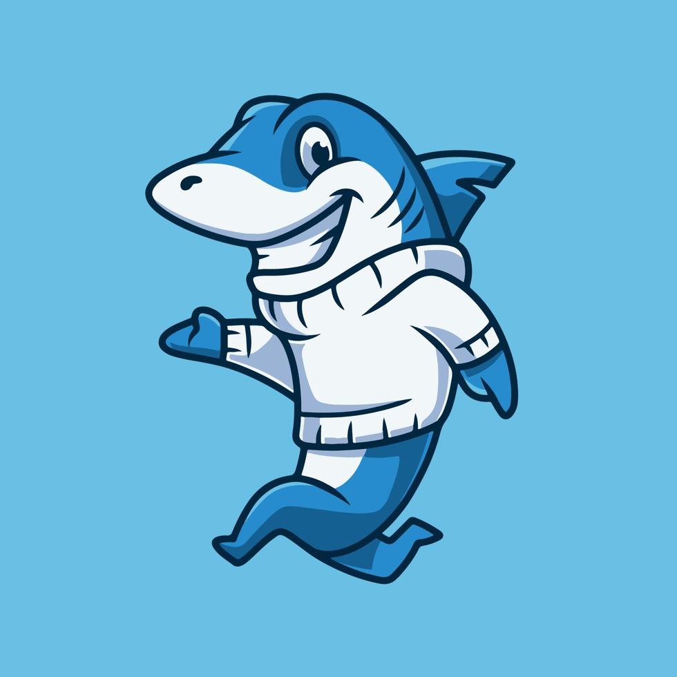 personagem de desenho animado de tubarão correndo amigável vetor