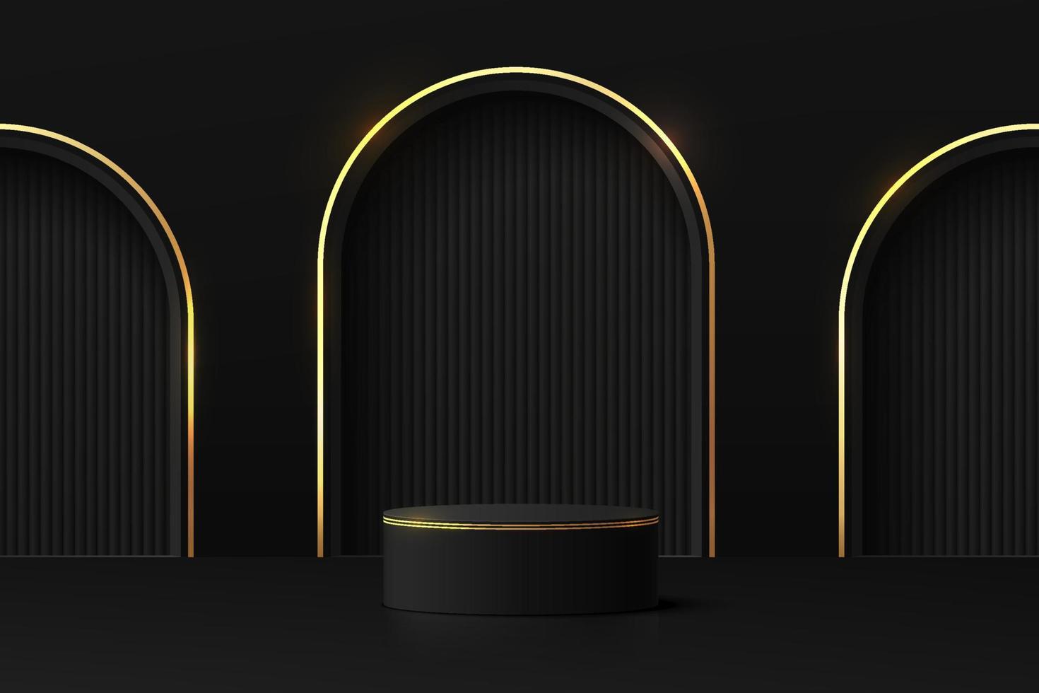 Sala abstrata 3D e pódio de pedestal de cilindro preto realista com cena de janela em forma de arco de ouro de luxo. cena mínima para apresentação de exibição do produto. plataforma geométrica vetorial. palco para vitrine. vetor