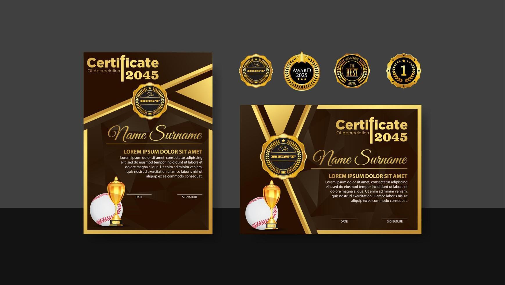 design de certificado de beisebol com vetor definido de taça de ouro. beisebol. modelo de prêmio esportivo. projeto de conquista. graduação. documento vencedor. copa do vencedor