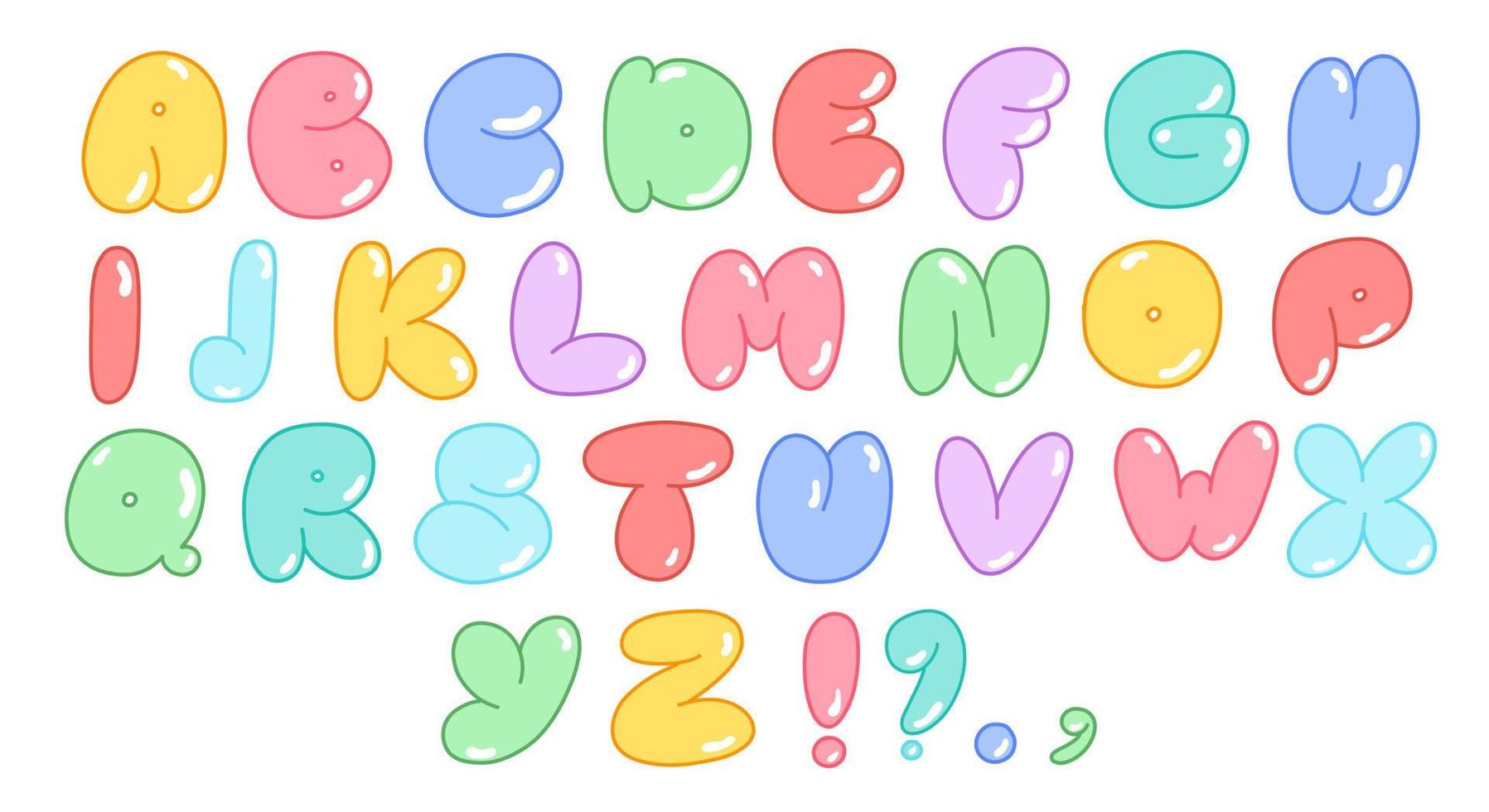 alfabeto multicolorido em estilo bolha, letras e símbolos, um moderno conjunto de letras do alfabeto. fonte em negrito vetorial para pôster, folheto, capa de livro, cartão de felicitações vetor