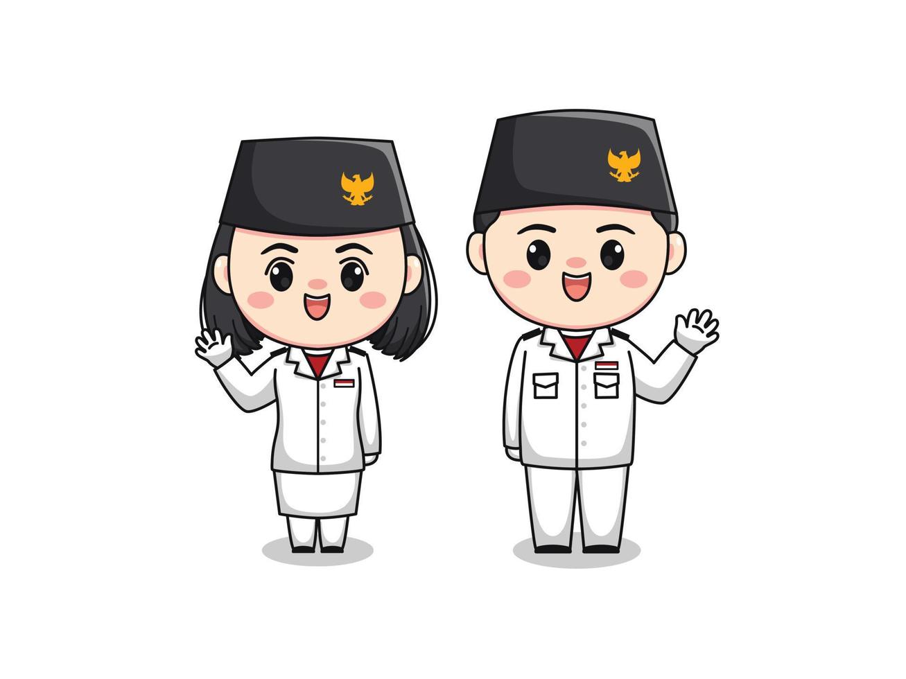 bonito menino e menina personagem herança bandeira içando tropa indonésia dia da independência ilustração plana dos desenhos animados chibi kawaii vetor