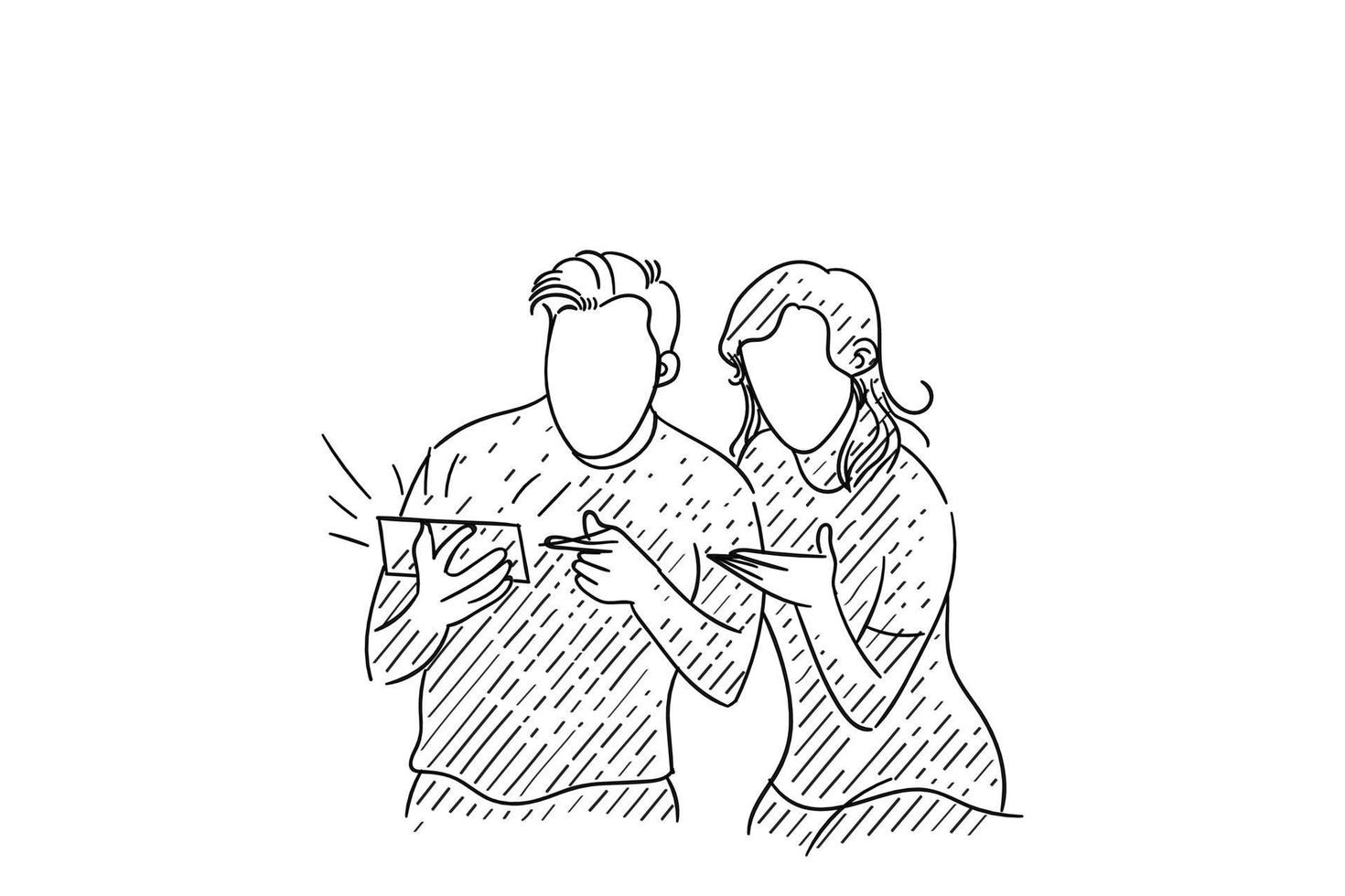 casal surpreendeu assistindo vídeo juntos em um smartphone. desenho de ilustração vetorial vetor