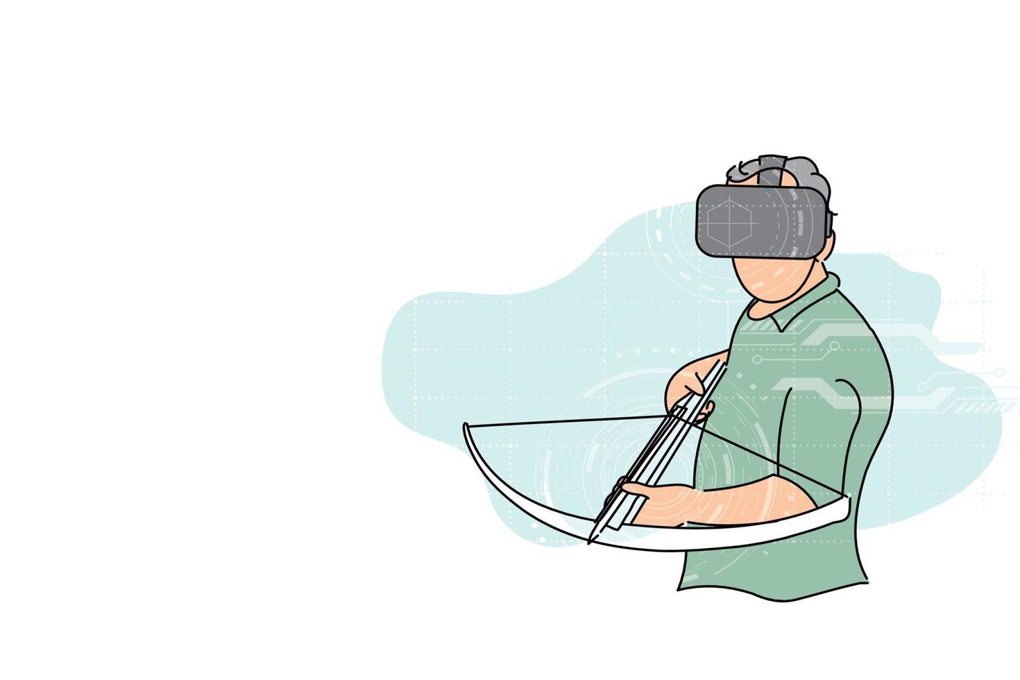 jovem pronto para mirar com besta virtual. conceito de jogo vr. desenho de ilustração vetorial vetor