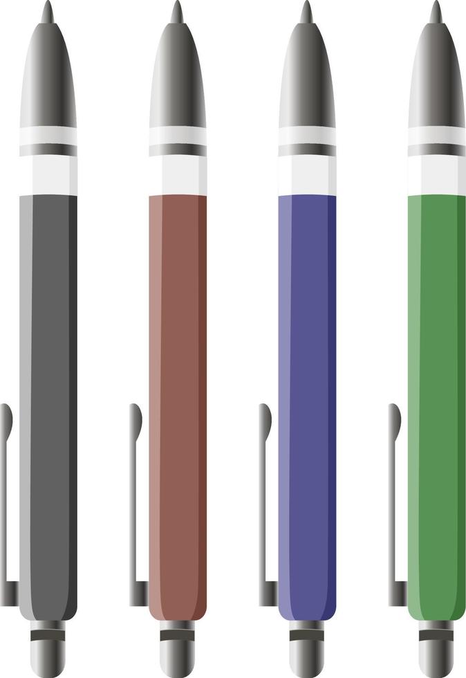 conjunto de quatro canetas esferográficas automáticas, vermelho, cinza, verde e azul isolado no fundo branco vetor