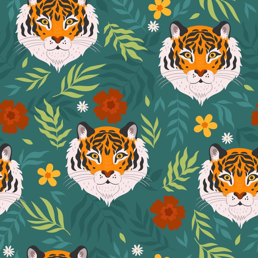 tropical sem costura padrão com tigres e folhas. gráficos vetoriais vetor