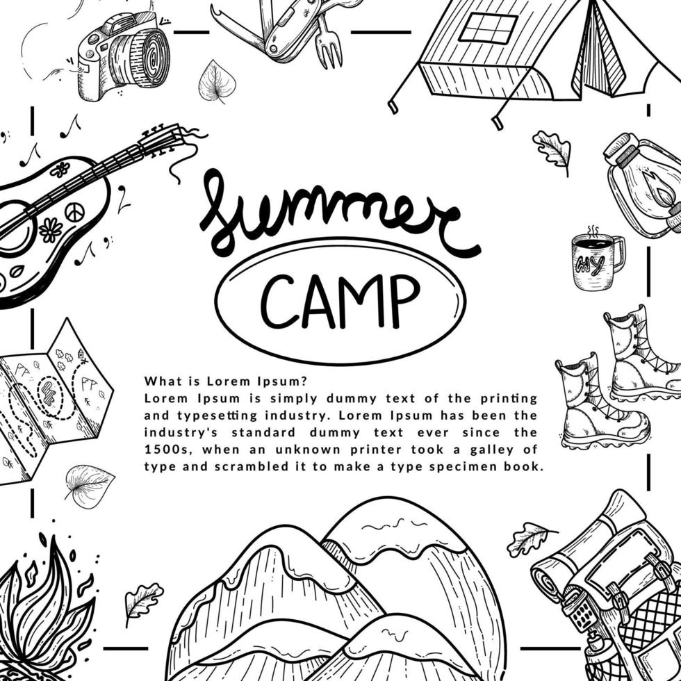 folheto promocional para acampamento de verão, viagens, viagem, caminhadas, campista, natureza, viagem, piquenique. elementos de estilo doodle desenhados à mão. banner com elementos de acampamento para publicidade, arte da capa em fundo branco vetor