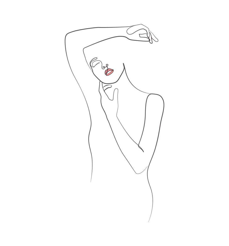 mulher bonita abstrata mão no queixo menina corpo elegante estilo de arte de linha desenho de linha mulher vetor