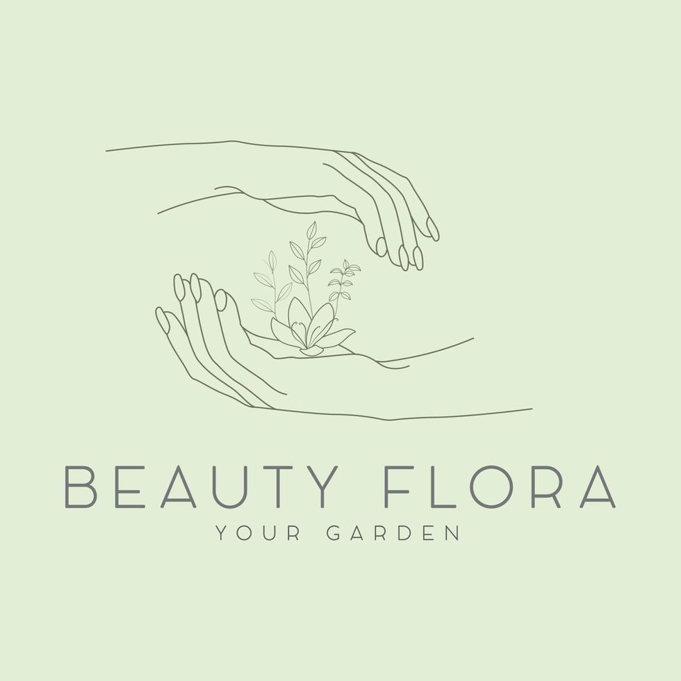 mudas de mão de mulher nas mãos planta de árvore de flora verde design de logotipo de linha de jardim vetor