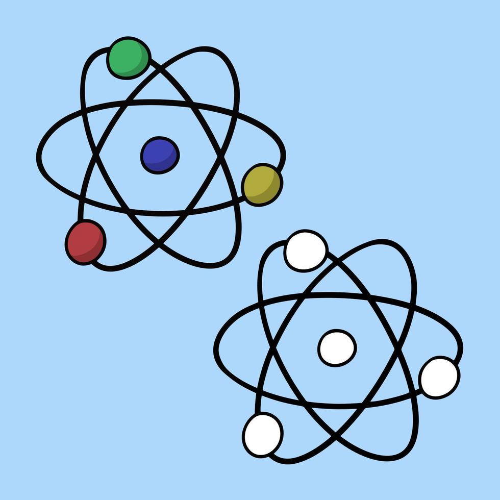 um conjunto de fotos, um diagrama simples de um átomo, uma ilustração vetorial em estilo cartoon em um fundo colorido vetor