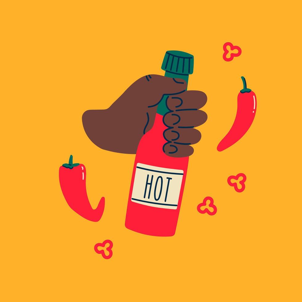 molho de pimenta mexicano. a mão segura a garrafa. estilo doodle moderno. ilustração vetorial de comida vetor