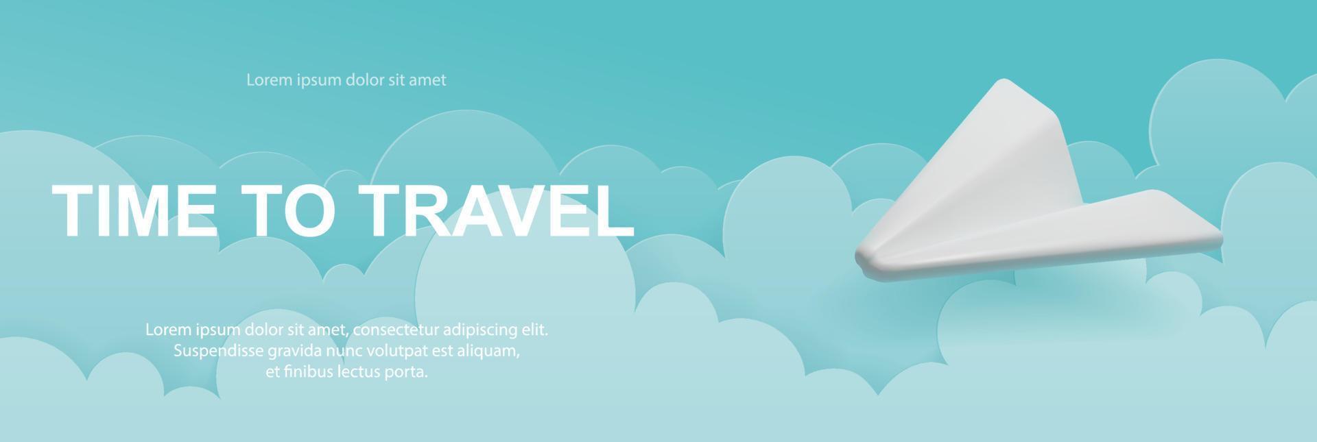 banner vetorial com um avião no céu com nuvens. design 3d realista e corte de papel. conceito de férias, hora de viajar vetor