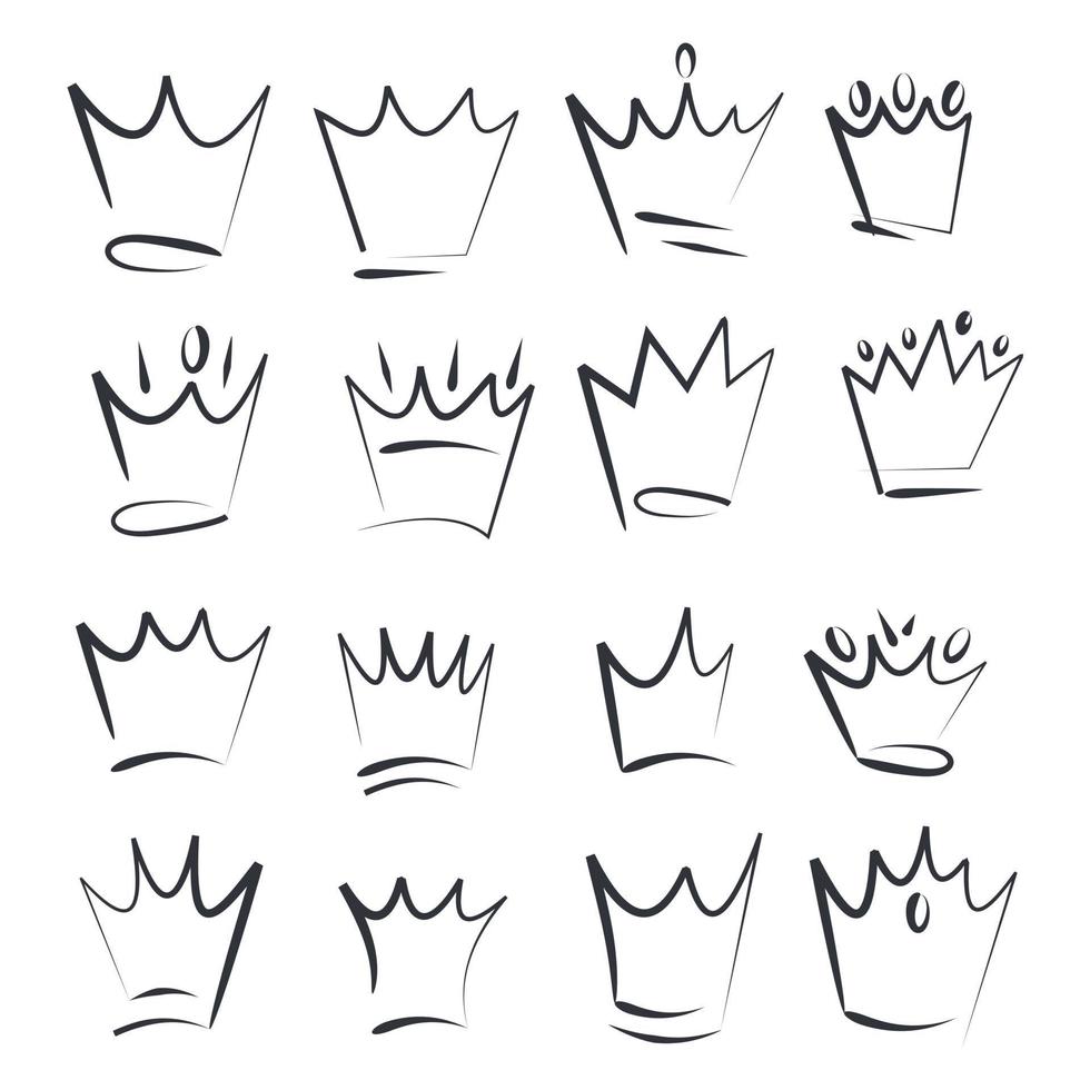 logotipo de coroas desenhadas à mão definido para cor de modelo de ícone de rainha editável. princesa, doodle, pop art, beleza e moda shopping símbolo vector sinal ilustração isolada para design gráfico e web.