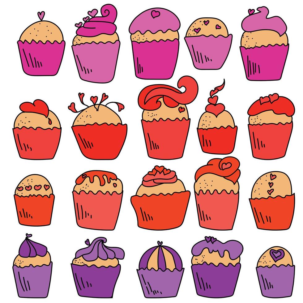 cupcakes com corações, um conjunto de muffins de colipart com cobertura para dia dos namorados ou outro feriado vetor