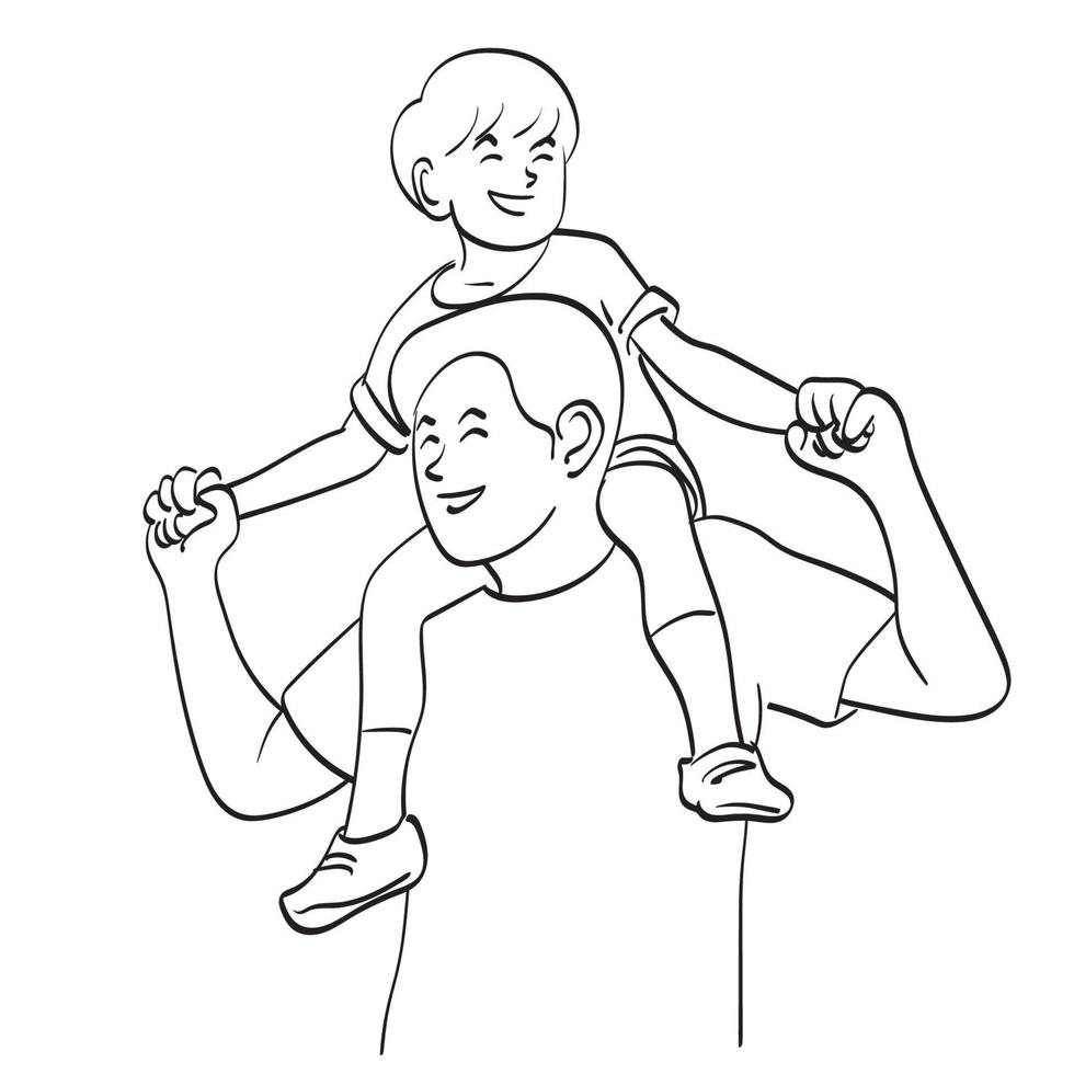 arte de linha filho sorridente andando no pescoço do pai com ilustração de felicidade mão desenhada isolada no fundo branco vetor