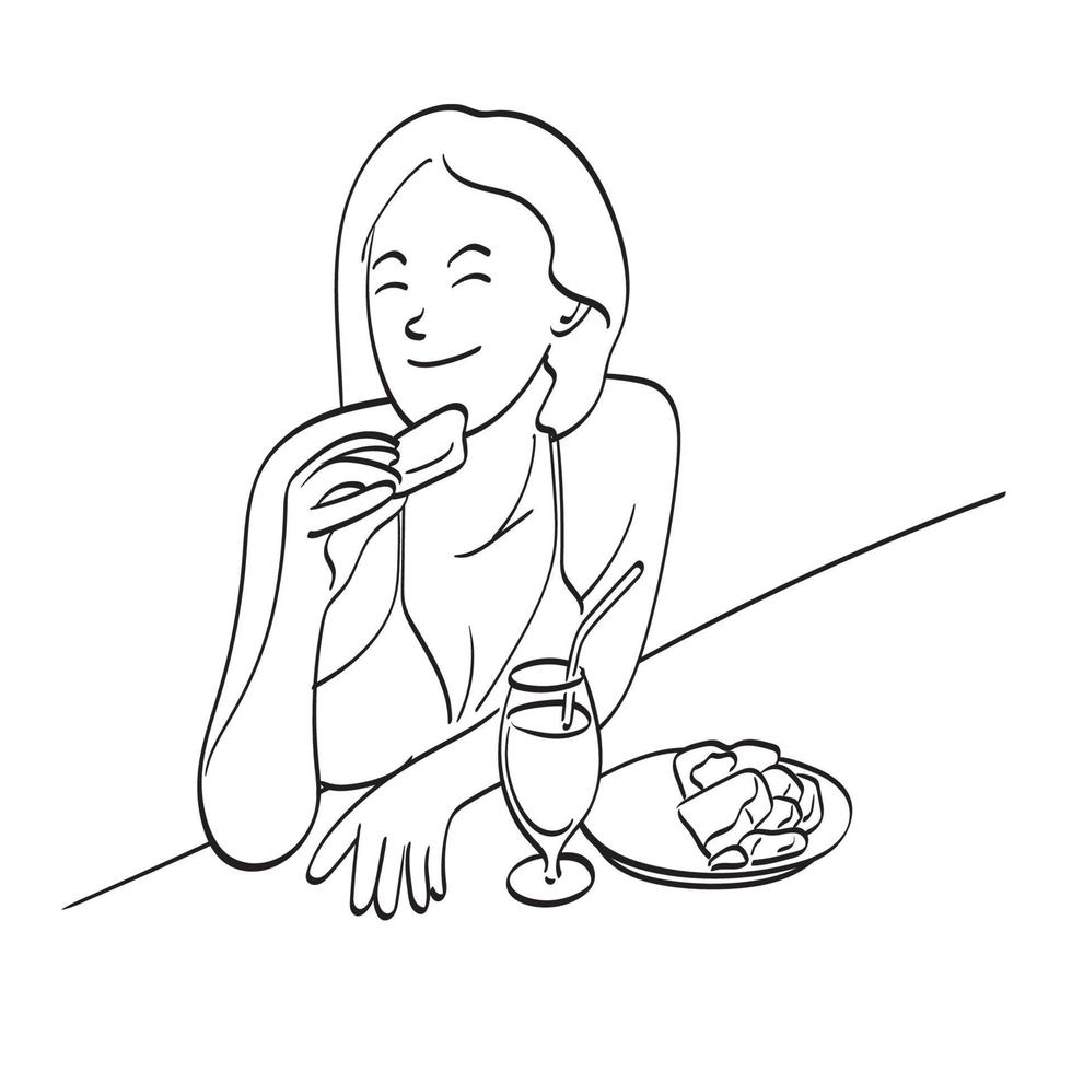 mulher de biquíni comendo lanche e suco na piscina ilustração vetorial desenhada à mão isolada na arte de linha de fundo branco. vetor